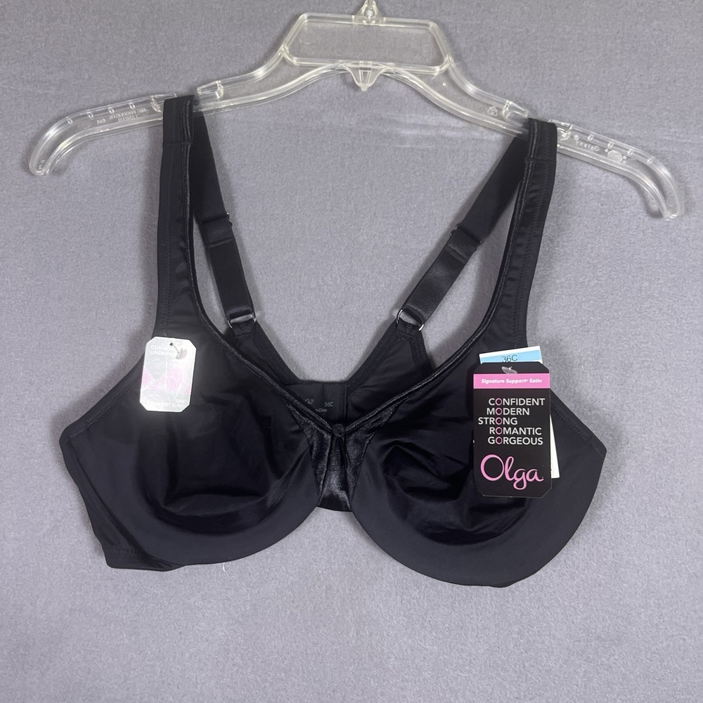 Olga Bra 36C Black Unlined Cup Underwire Signature Support Adjustable 35002